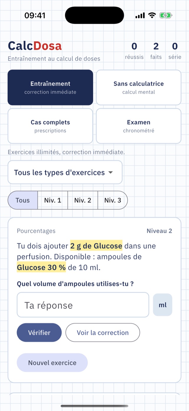Écran d'accueil de CalcDosa avec un exercice de pourcentages