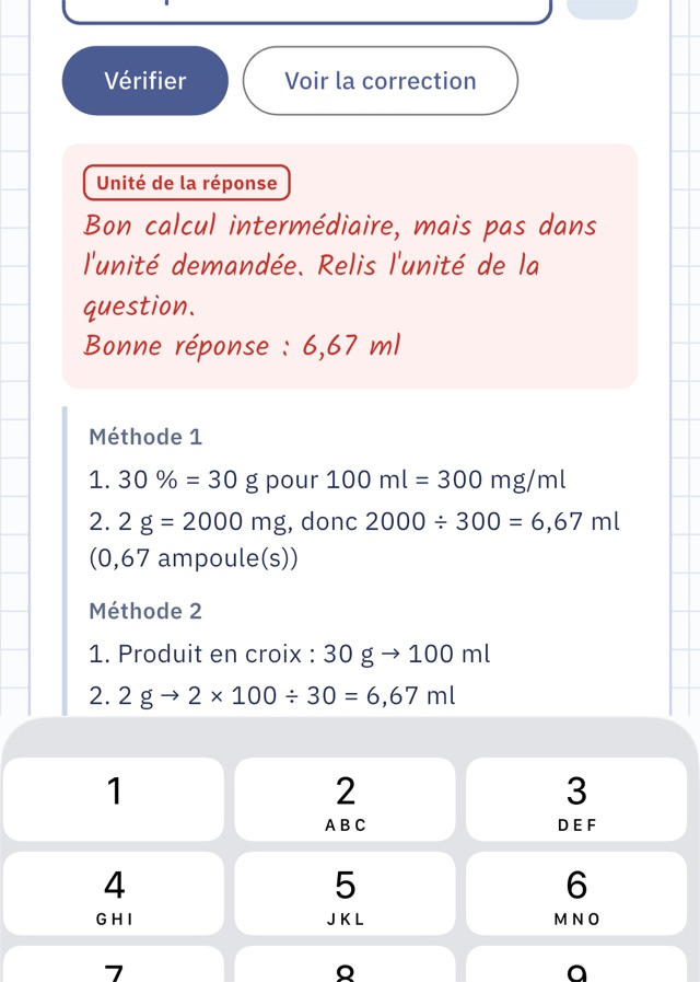 CalcDosa détecte une erreur d'unité et affiche la correction